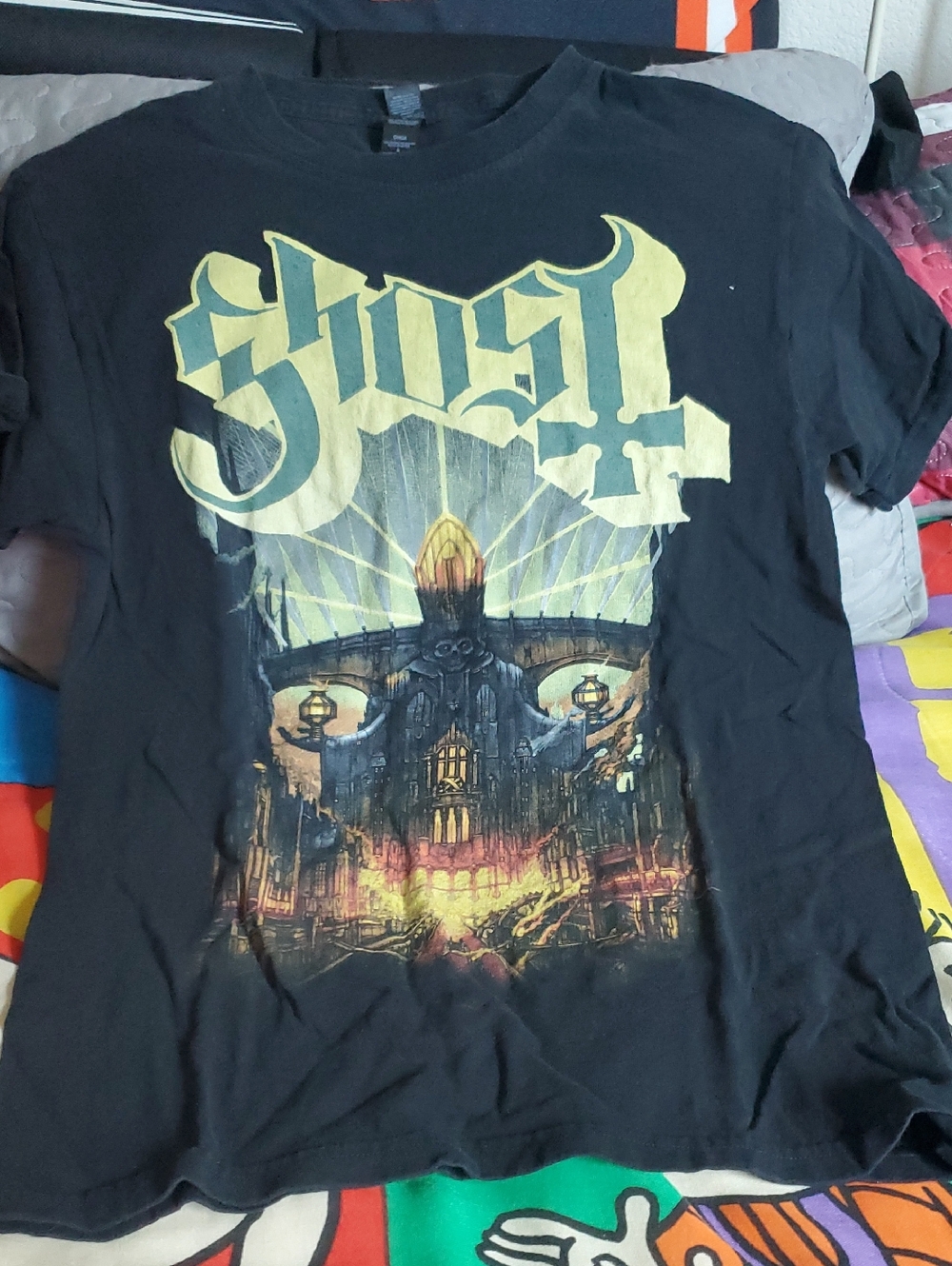 Ghost Band Black Graphic Tee with Yellow Logo and Multicolor Art